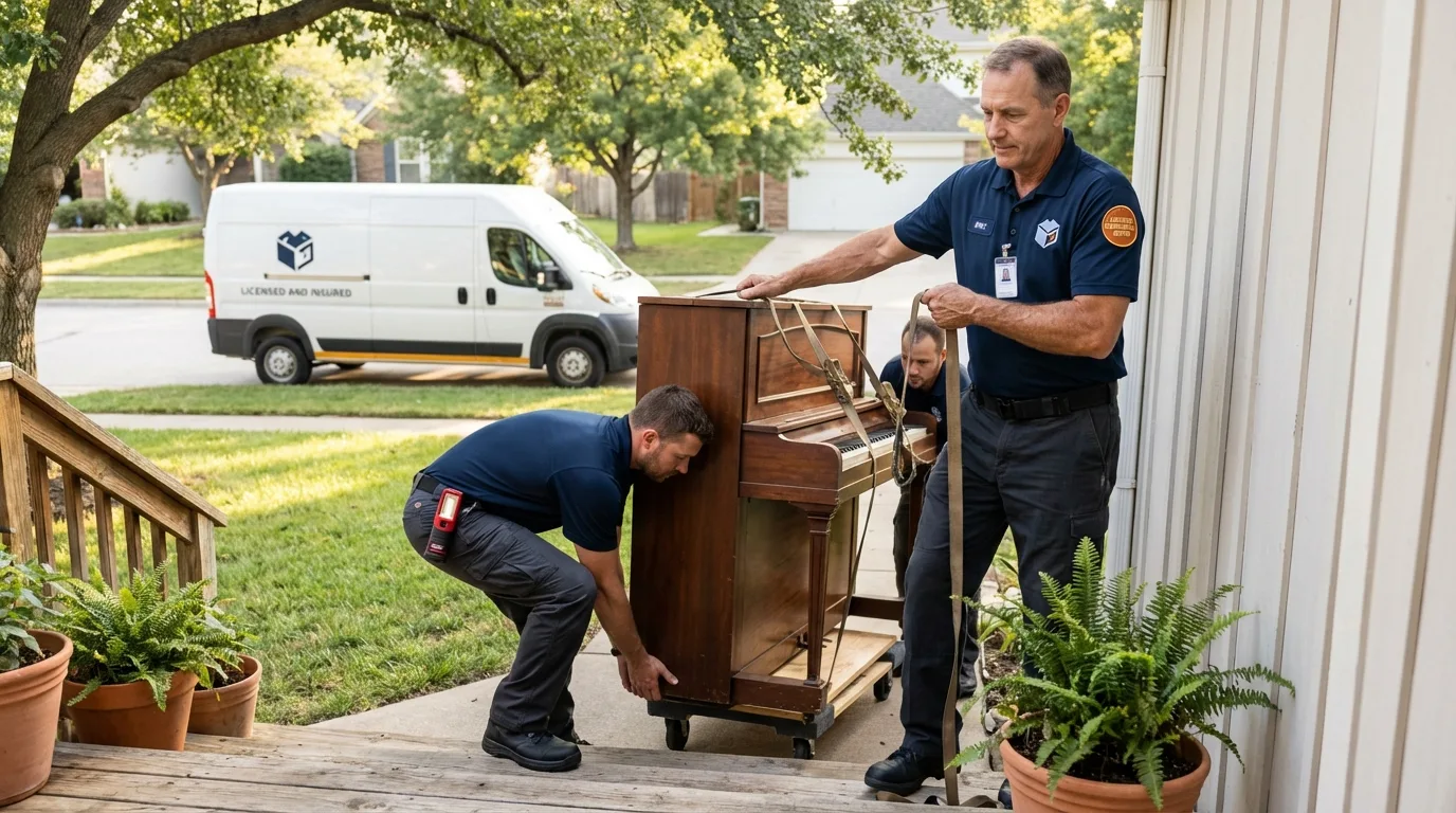 Licensed piano movers securing grand piano in Atlantic, IA
