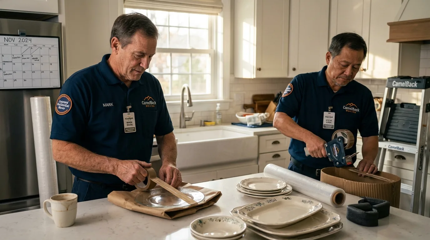 Professional crew packing kitchen dishware in Atlantic, IA